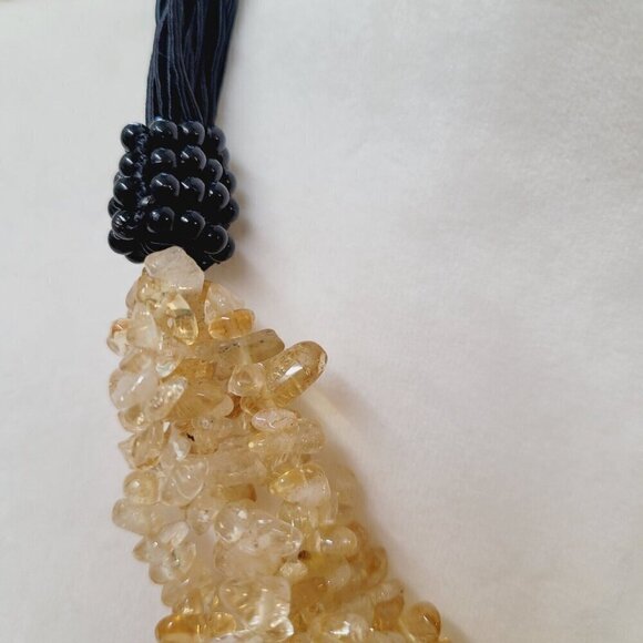 Citrine Chip Multi-Strand Necklace Black Cords Button Closure Semiprecious VGC - Picture 4 of 5